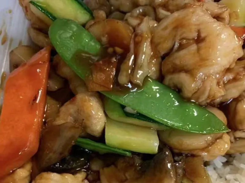 Tender chicken with mixed vegetables in savory sauce at King Wok, a Chinese Restaurant in Powdersville.