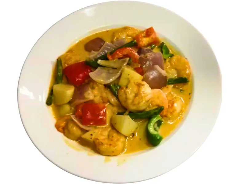 Juicy shrimp in rich, creamy curry sauce with mixed veggies at King Wok, a Chinese Restaurant in Powdersville.